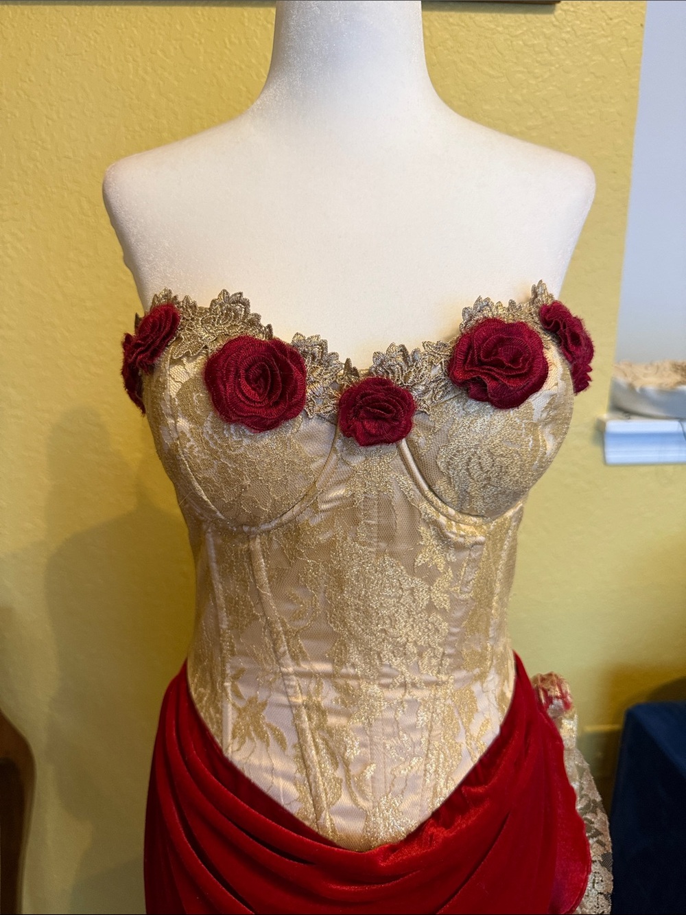 Red and Gold Floral-Trim Maxi Dress - Picture 5 of 10